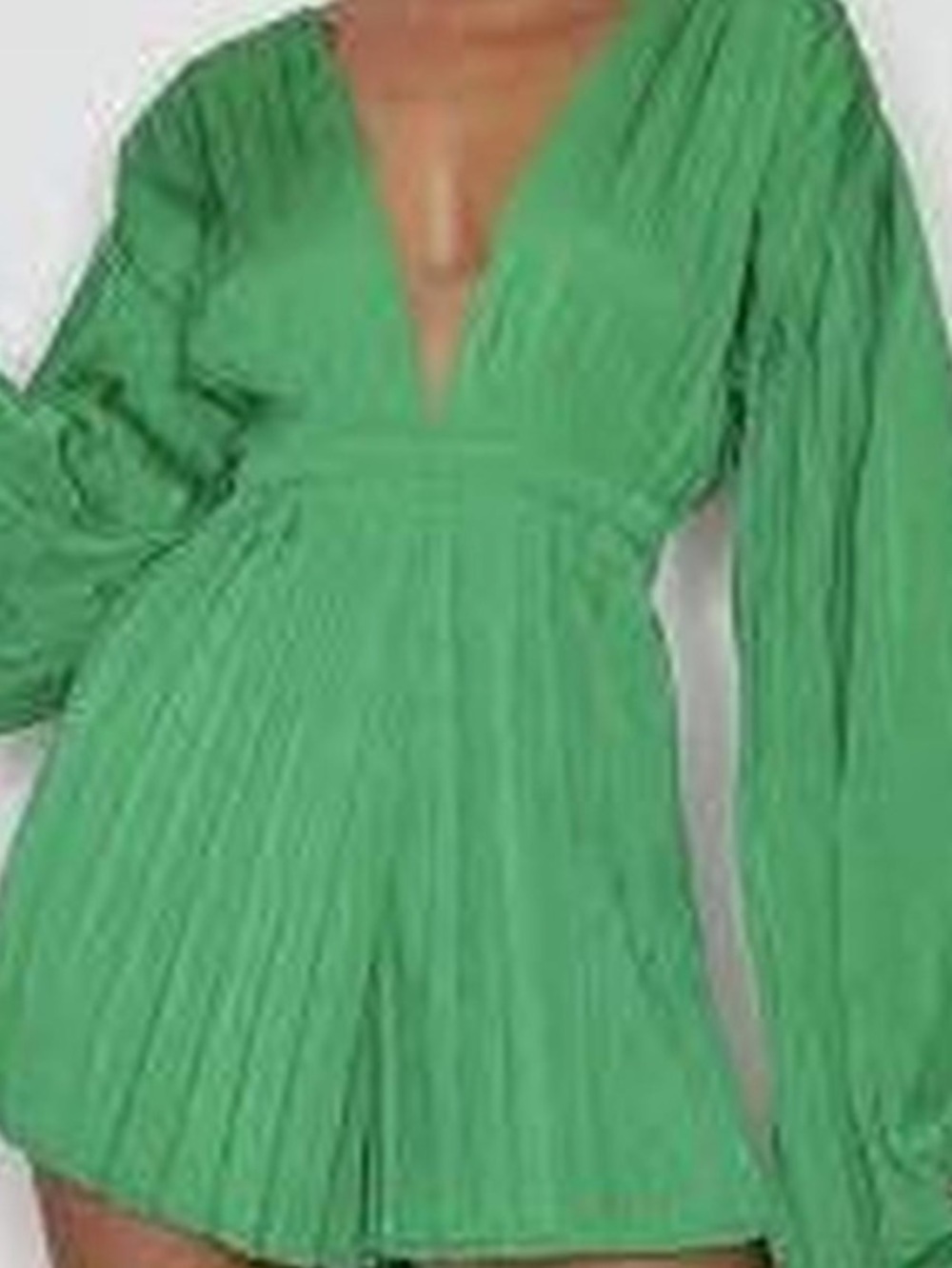 Green Plunge-Neck Pleated Romper